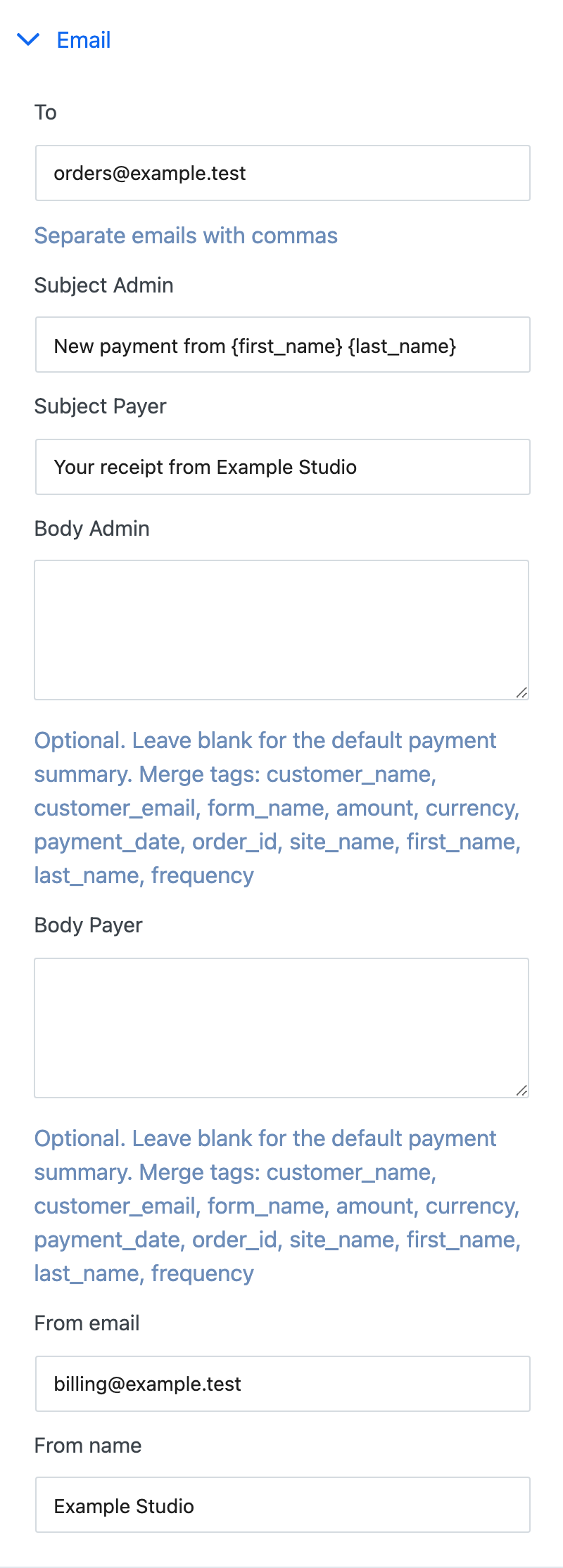 The Email section with recipients, subjects, bodies and the sender