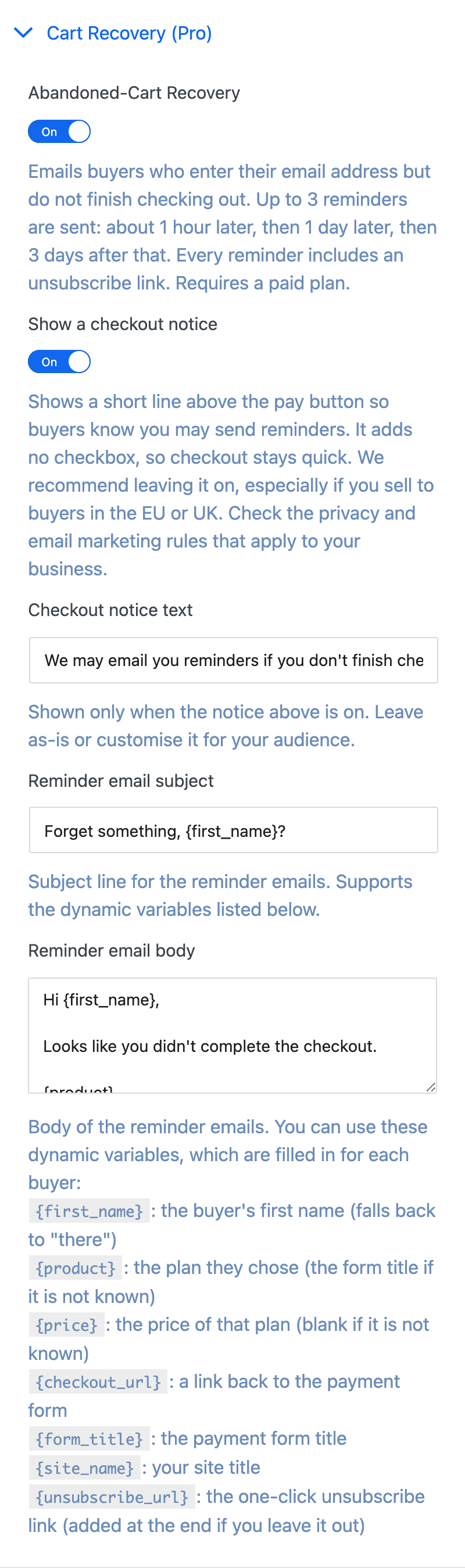 The Cart Recovery (Pro) section with reminders on and the default email