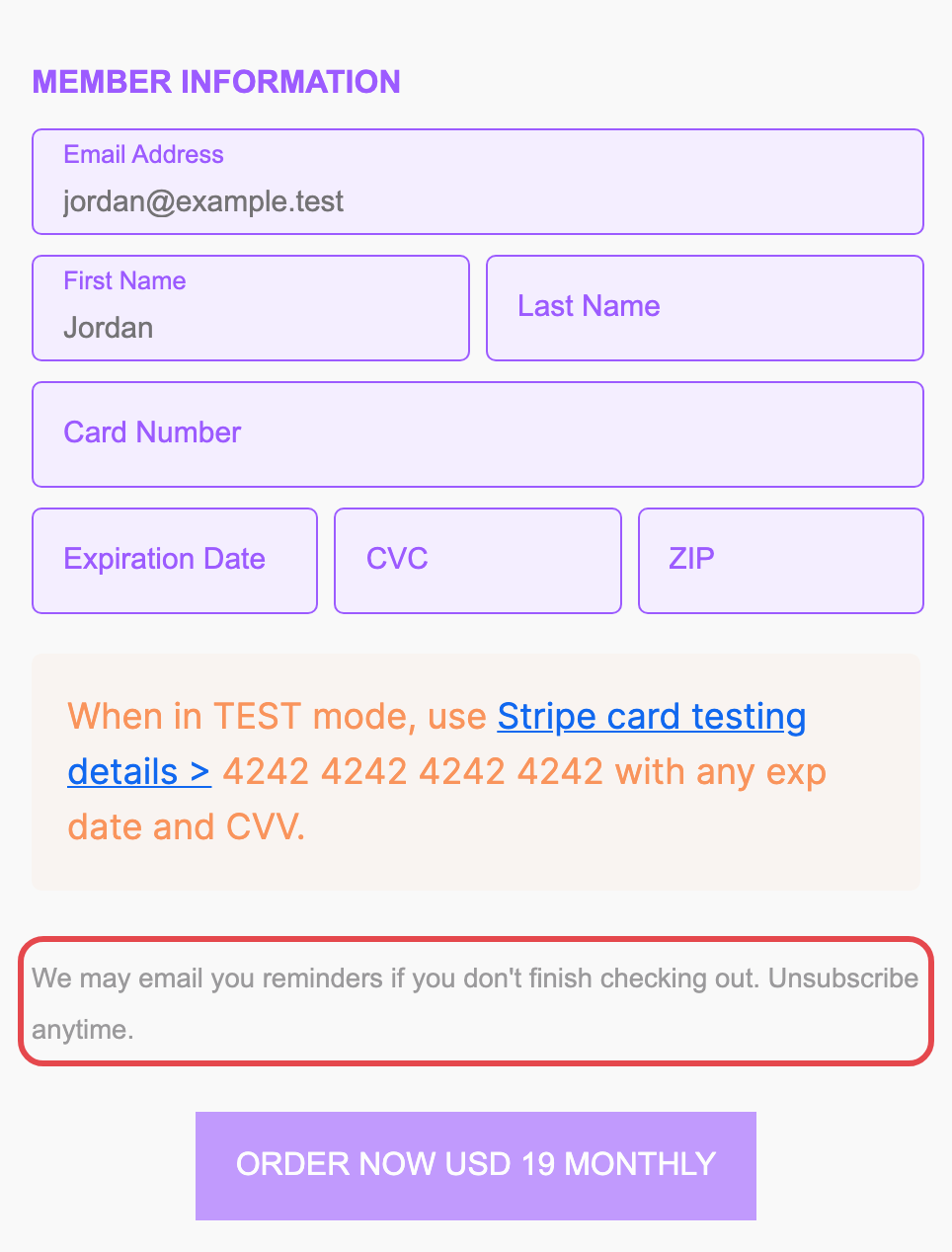 The checkout notice on a published form, ringed above the pay button