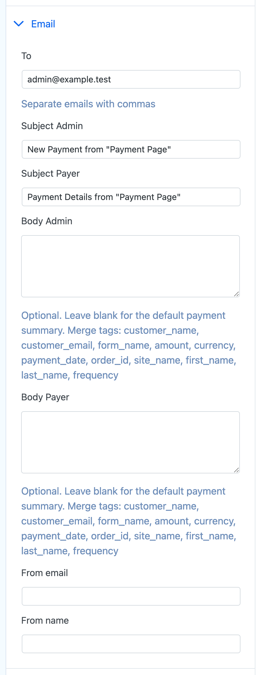 Complete confirmation-email settings in the Payment Page 1.5.3 form editor
