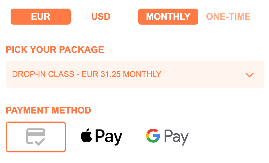 Currency and billing-interval switchers on a rendered Payment Page 1.5.3 form