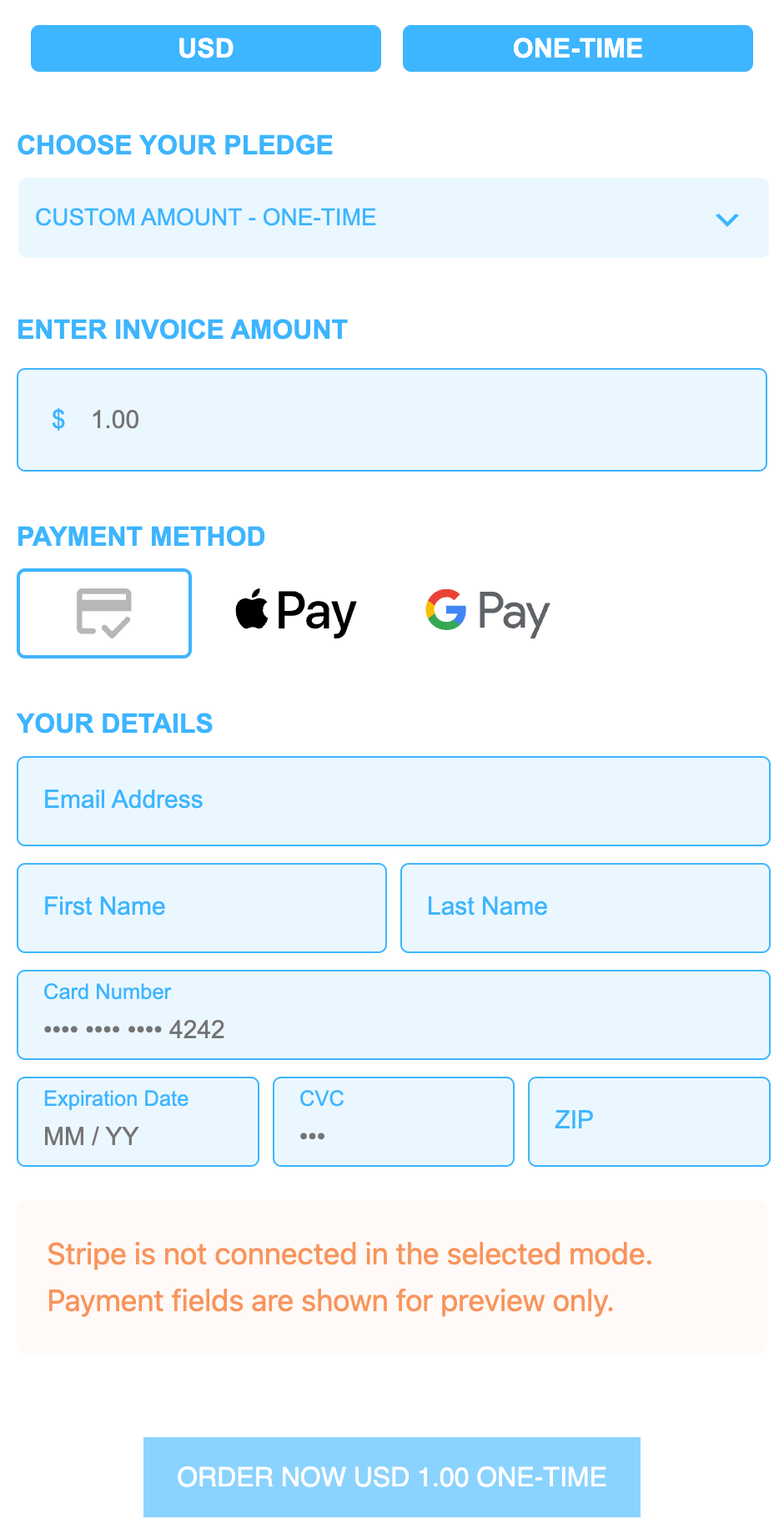 Custom amount selected on a rendered Payment Page 1.5.3 form