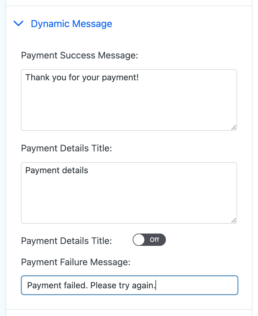 Success, failure, and payment-details message controls in Payment Page 1.5.3