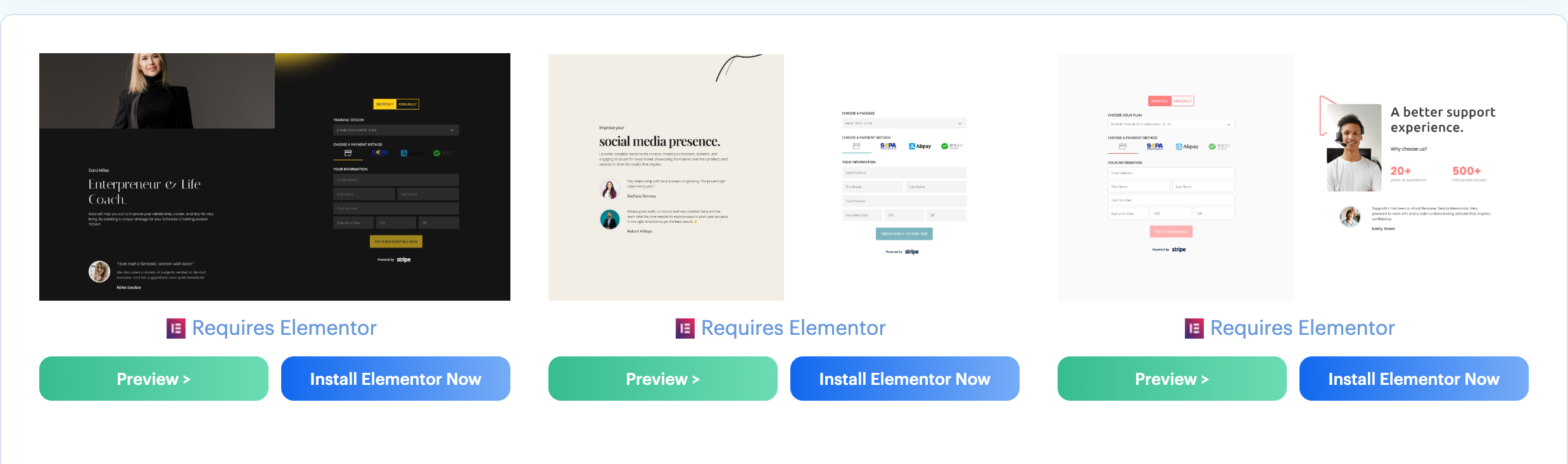Elementor full-page layouts showing the local install requirement