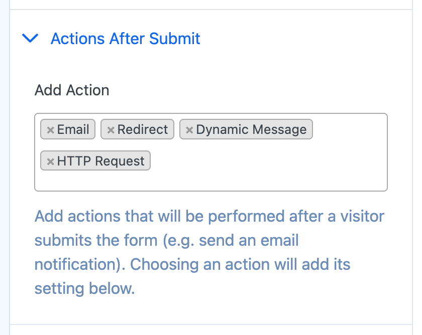 The four Actions After Submit choices in the Payment Page 1.5.3 form editor
