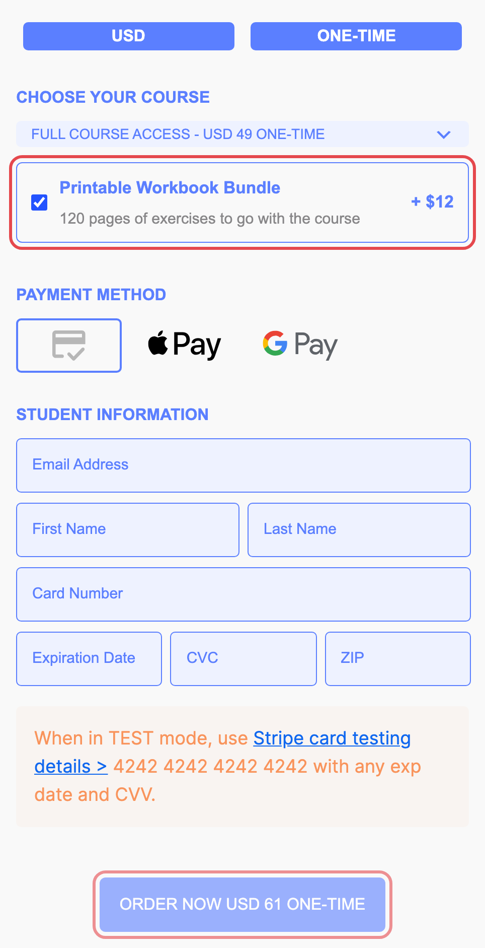 A ticked order bump adding 12 to the total on the pay button