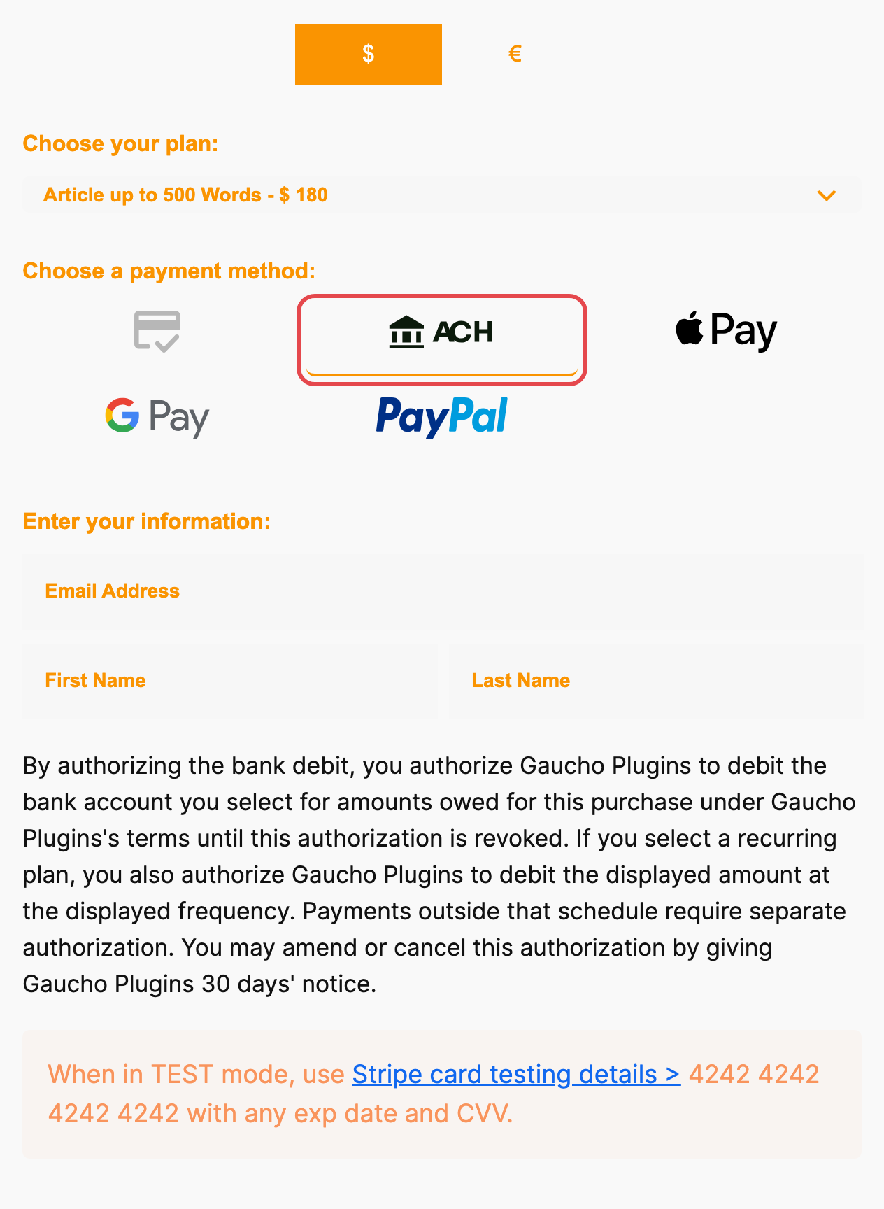 The ACH Direct Debit tab with the bank debit authorization text