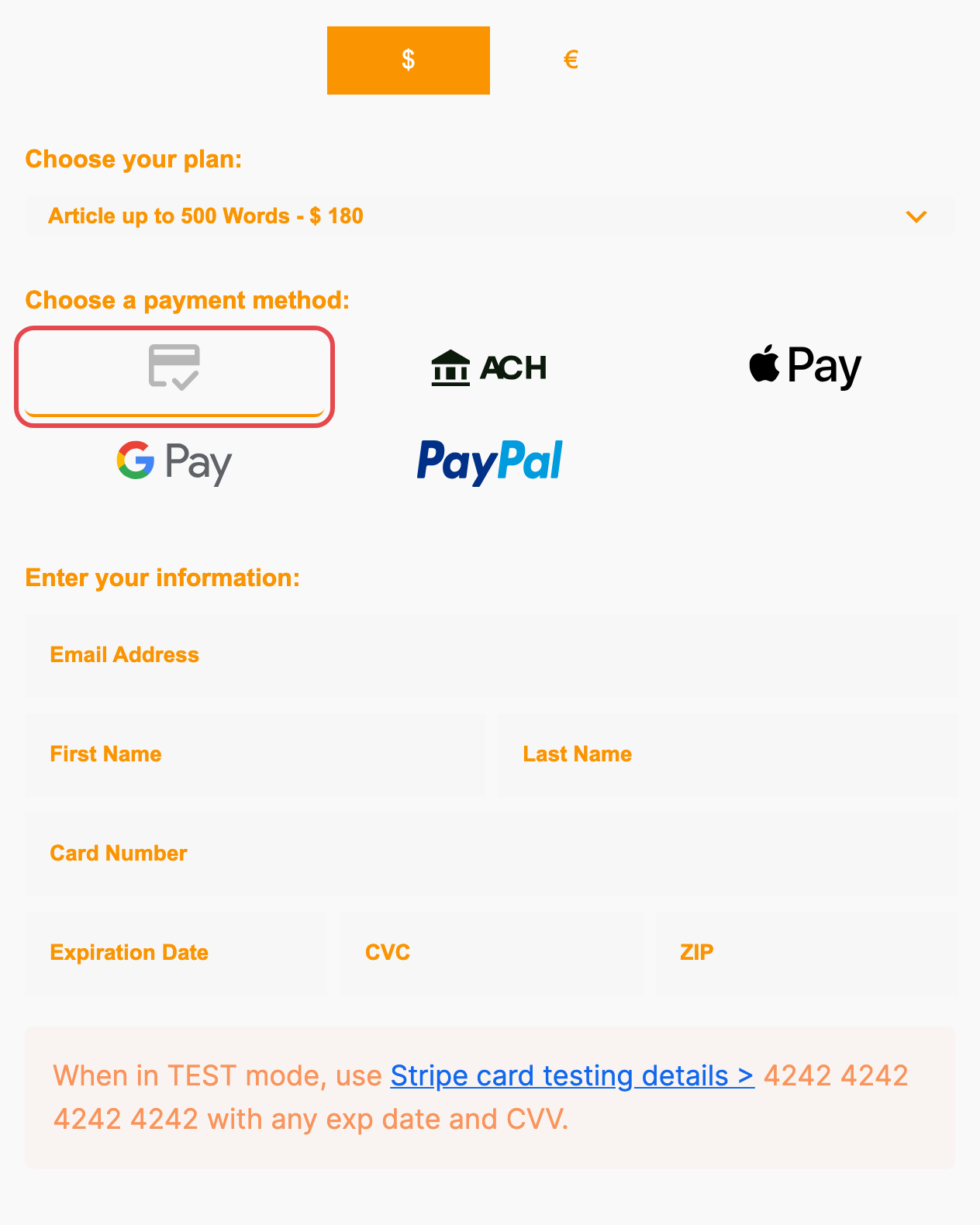 The payment method tabs on a form, with the card tab ringed