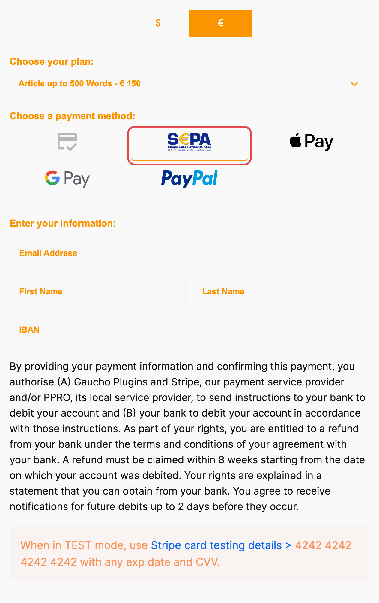 EUR chosen, with the SEPA Direct Debit tab ringed and the IBAN field and mandate below