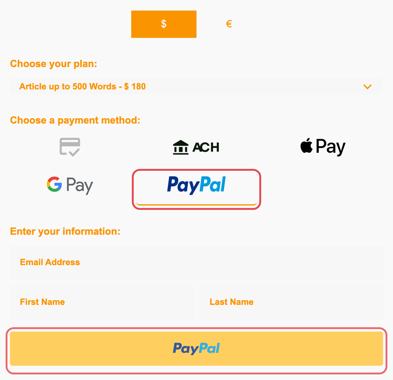 The PayPal tab chosen on a form, with the PayPal button that opens PayPal checkout