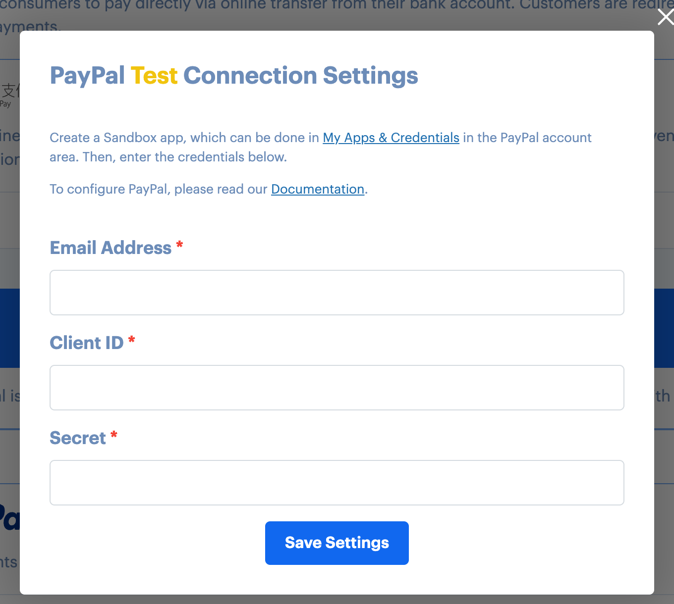 Empty PayPal test connection settings in Payment Page 1.5.3