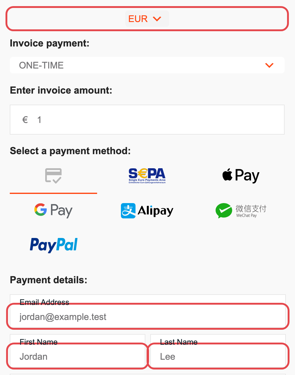 A form opened from a link that chose EUR and filled in the email, first name and last name