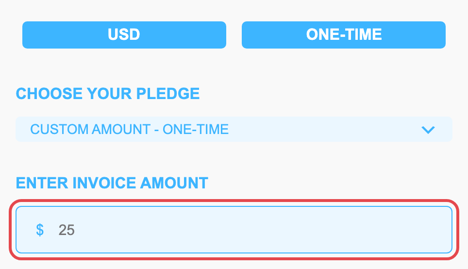 A custom amount chosen on a published form, with the amount field ringed