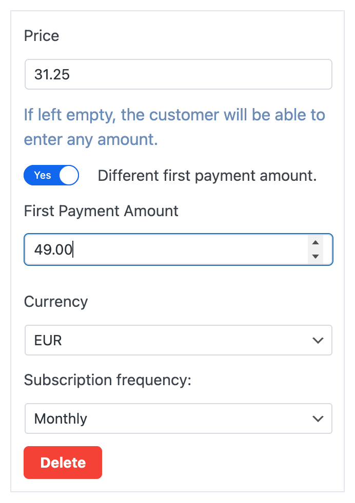 Different first payment amount and recurring-plan controls in Payment Page 1.5.3
