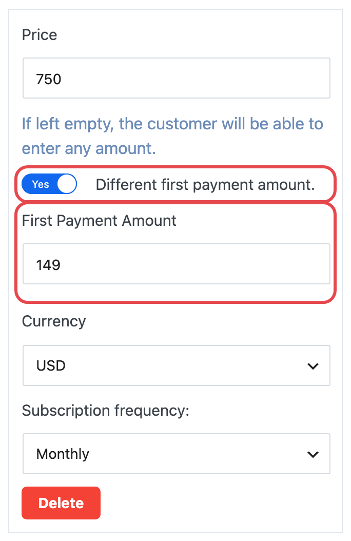 A monthly price with Different first payment amount switched on and a First Payment Amount of 149