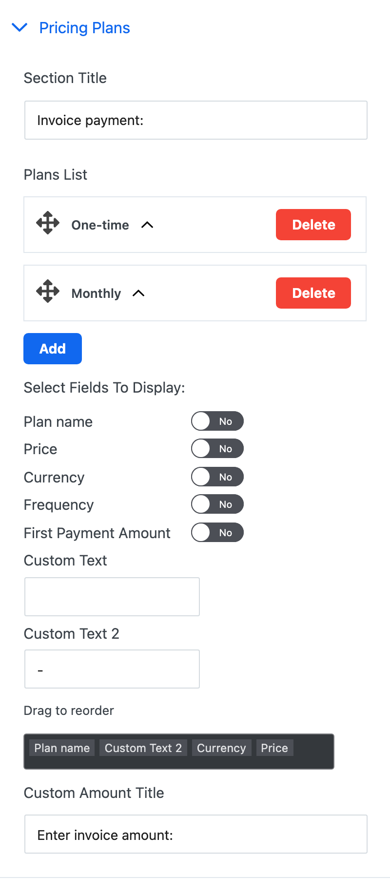 The Pricing Plans section of the form builder