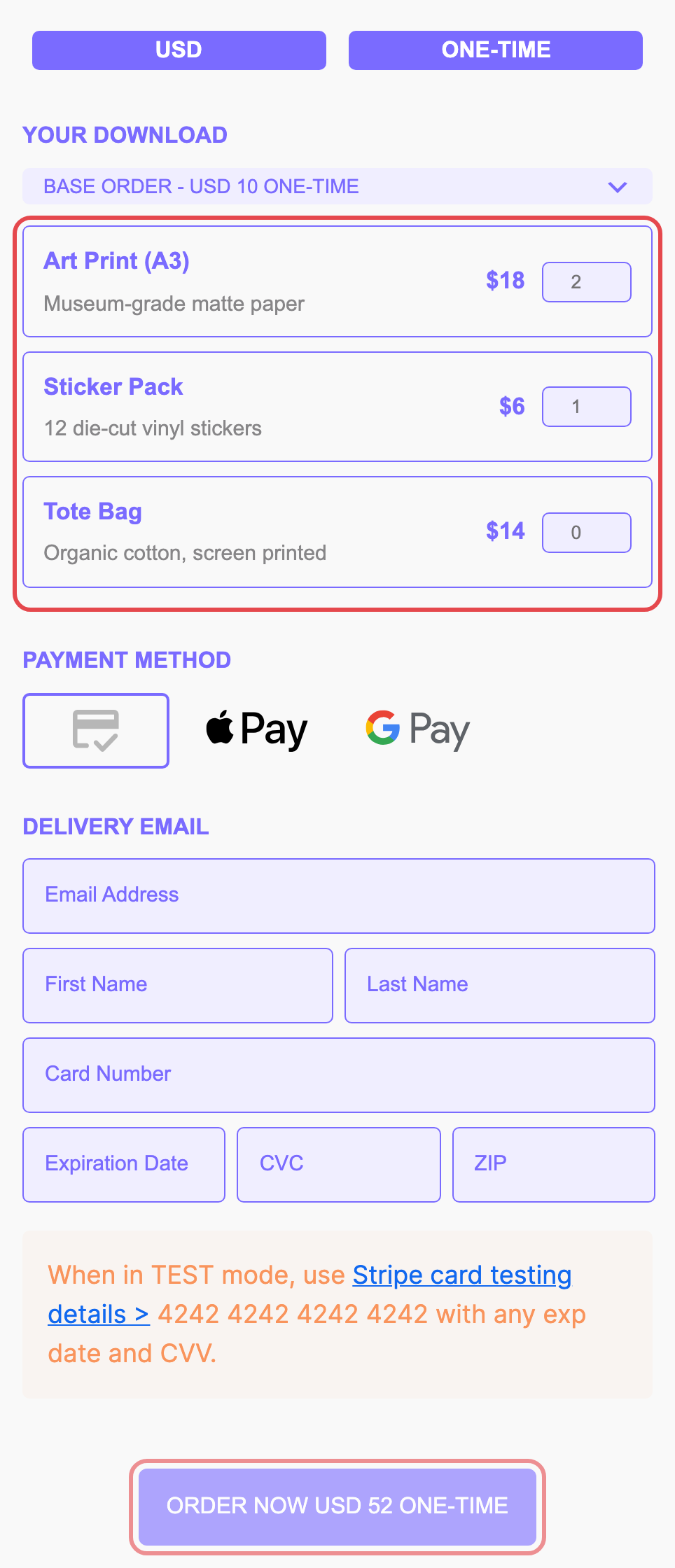 Product quantities set on a form, with the updated total on the pay button
