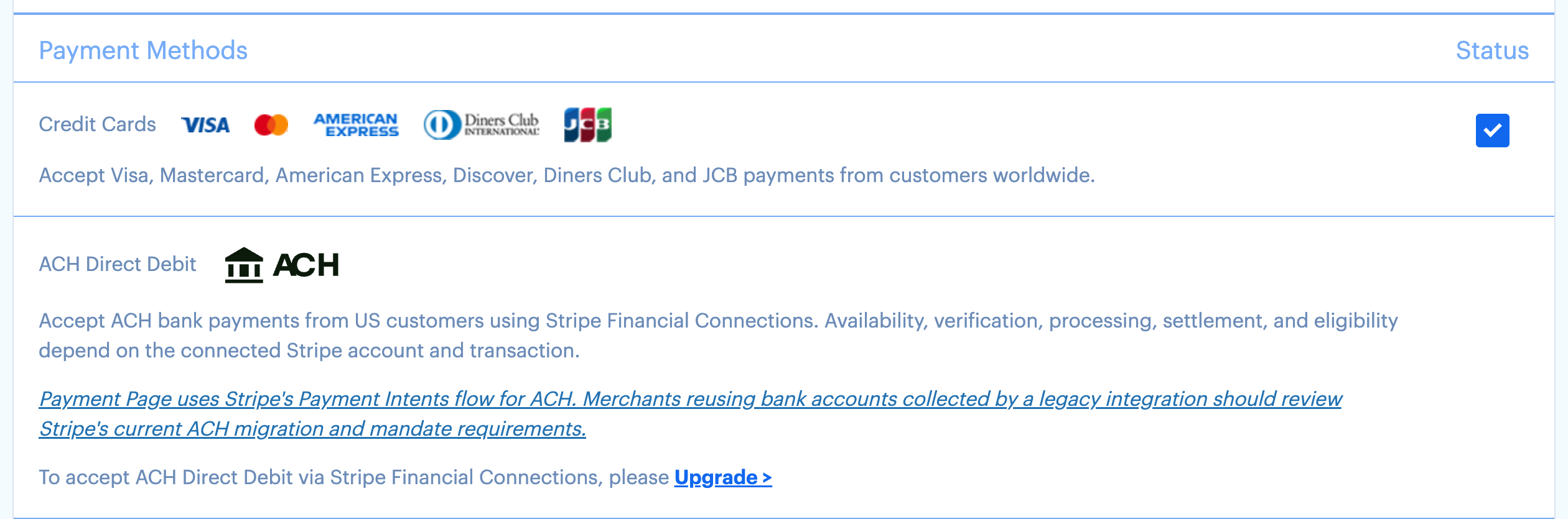 Stripe card and ACH activation rows in Payment Page 1.5.3