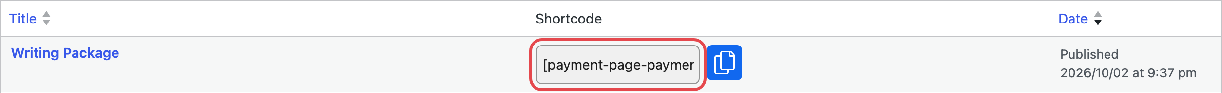 A form's shortcode and copy button in the Payment Forms list