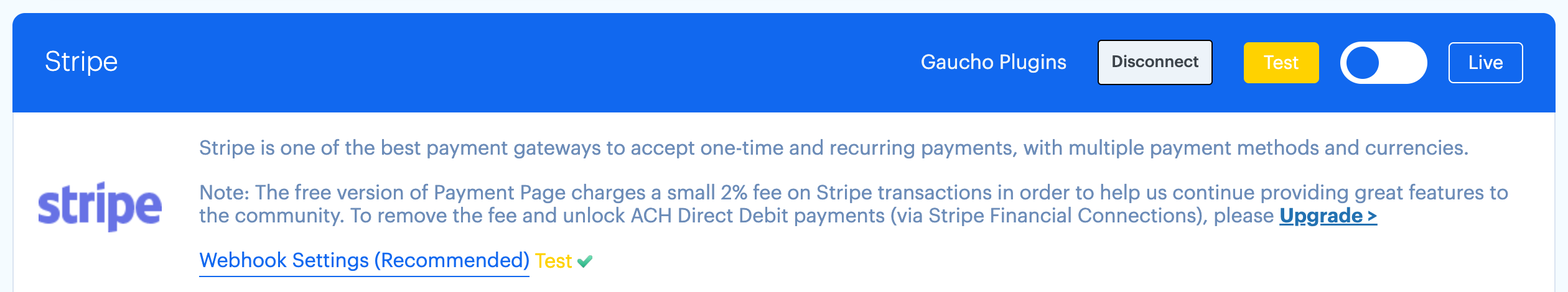 Connected Stripe test-mode status in Payment Page 1.5.3