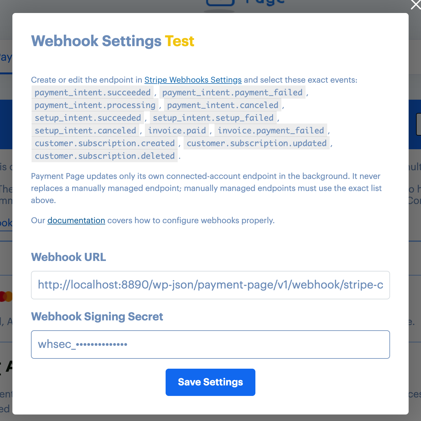 Payment Page 1.5.3 webhook settings with the local signing secret redacted