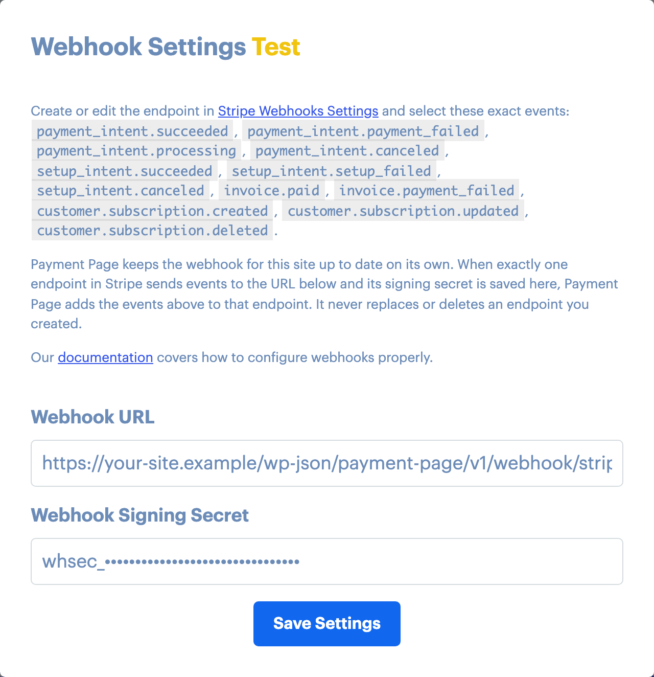 The Stripe Webhook Settings popup with the event list, Webhook URL and Webhook Signing Secret