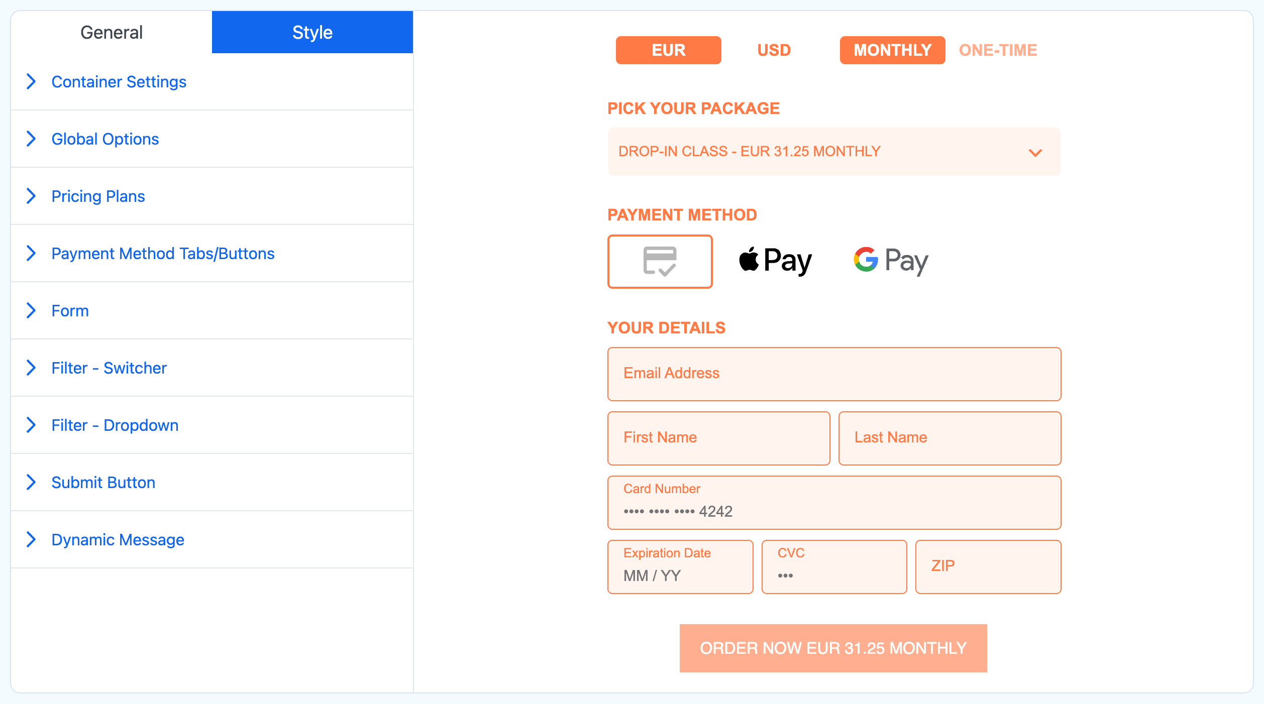 Payment Page 1.5.3 native style controls beside the live form preview